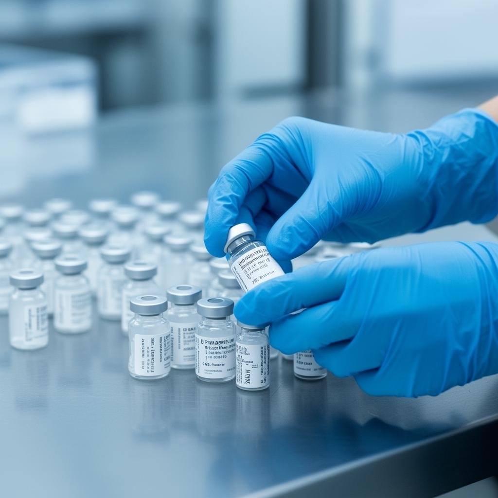 Gloved handling of pharmaceutical vials